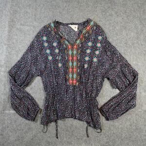 Savanna Jane Top Womens Large Peplum Balloon Sleeve Embroidered Western Boho